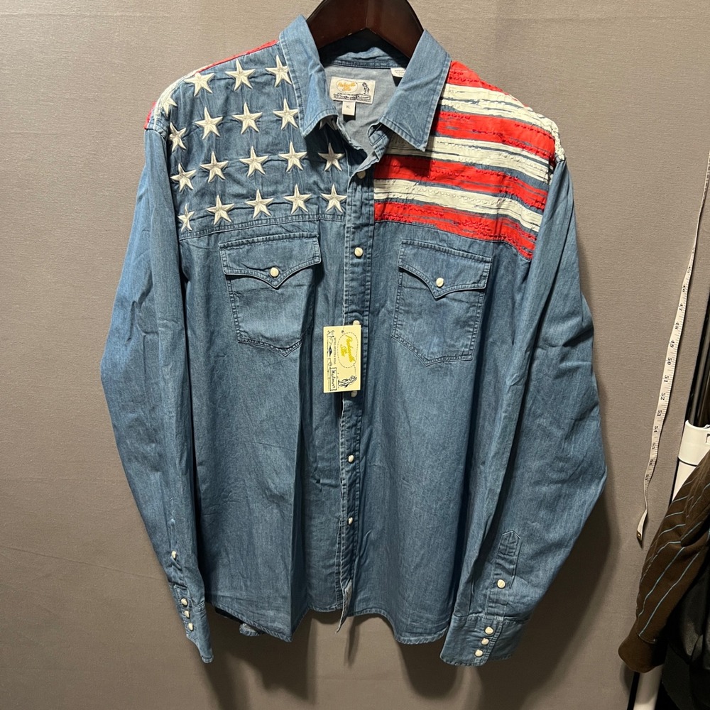 Panhandle Slim Mens American Flag Denim Pearl Snap Western Shirt XL 3653479